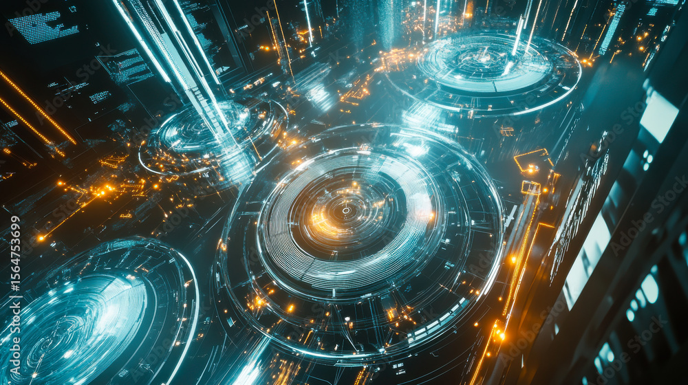 Fototapete futuristic cityscape featuring glowing technological structures and data visualizations in a vibrant