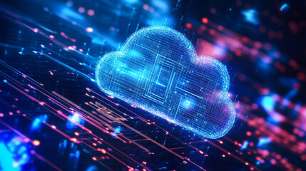 Bright digital cloud icon with glowing lines representing data flow in a virtual environment