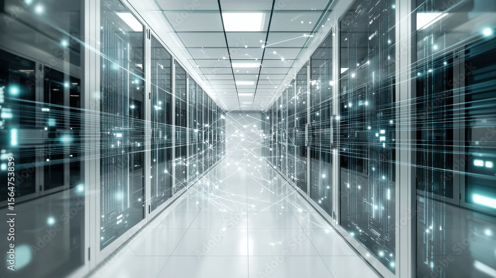Poster data center corridor with advanced technology and illuminated racks showcasing modern server infrast