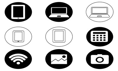 Icons of icon digital devices and tools arranged in a grid pattern with black and white scheme.