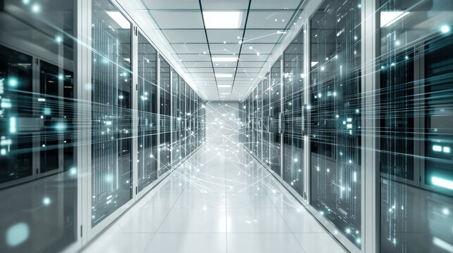 Data center corridor with advanced technology and illuminated racks showcasing modern server infrastructure