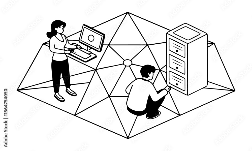 Aufkleber isometric illustration of two people working on laptops on a segmented platform with geometric shape