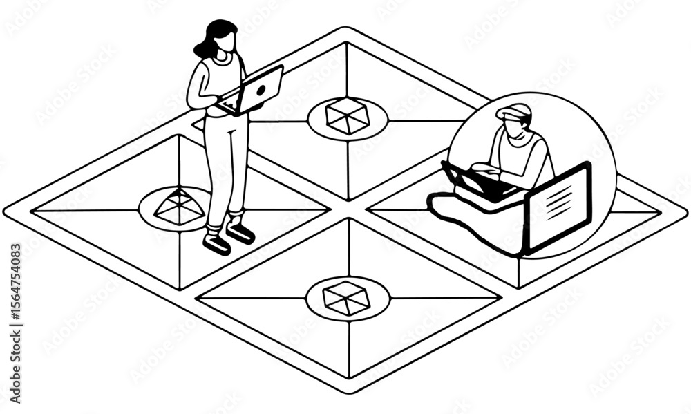 Aufkleber isometric illustration of two people working on laptops on a segmented platform with geometric shape