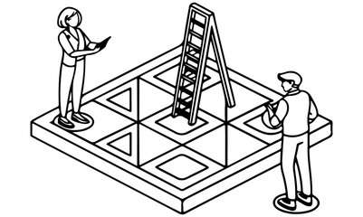 Isometric illustration of two people working on laptops on a segmented platform with geometric shapes