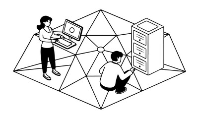 Isometric illustration of two people working on laptops on a segmented platform with geometric shapes