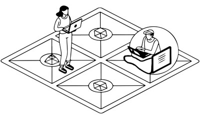 Isometric illustration of two people working on laptops on a segmented platform with geometric shapes