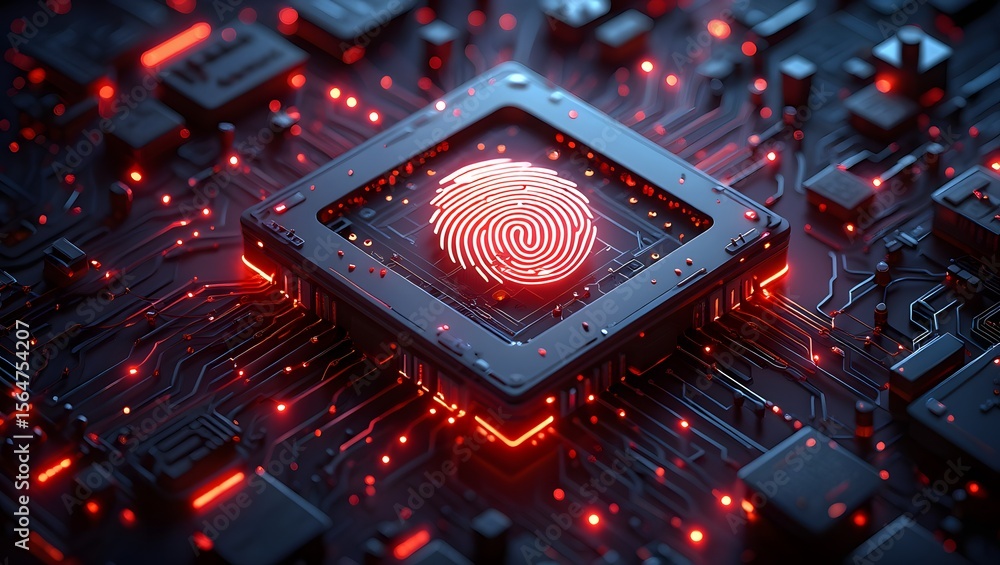 Poster secure fingerprint authentication technology on a futuristic computer chip design