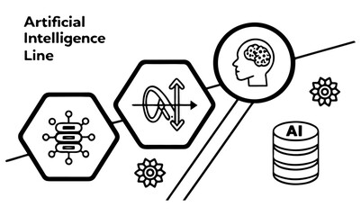 Artificial intelligence line diagram showing connected icons of data processing and brain activity.