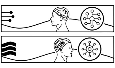Two panels showing human brain connected to technology and artificial intelligence representation.