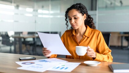 A woman wearing an orange shirt is scrutinizing a piece of paper containing graphs. She is cradling a cup of coffee in front of her. The atmosphere implies that she is engaged in a project.