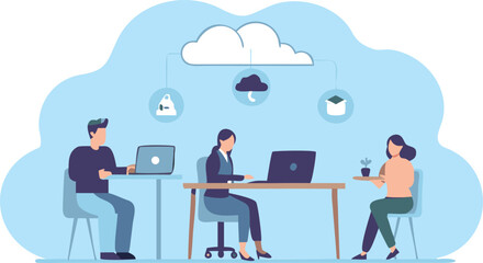 People working on laptops under a cloud with icons of storage, weather and a graduation cap above them
