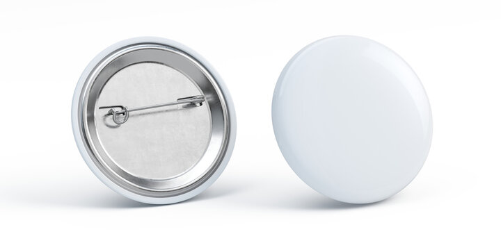 White badge pin brooch mockup. White round badge on metal pin