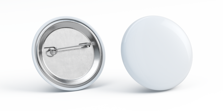 White badge pin brooch mockup. White round badge on metal pin