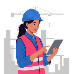 Smiling female construction worker using a tablet, with a crane and building in the background.