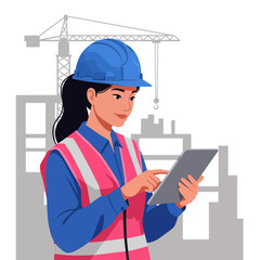 Construction worker using a tablet, with a crane and building silhouettes.