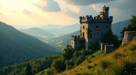 Naklejka premium Ancient Stone Fortress Perched on a Mountaintop Overlooking a Serene Valley at Sunset