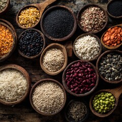 A colorful assortment of various grains, pulses, and seeds elegantly displayed in wooden bowls. It showcases a variety of natural foods for a healthy diet