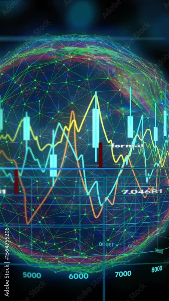 Poster animation of financial data processing over globe on black background