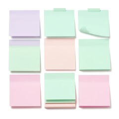 Fototapeta premium Collection of pastel sticky notes in mint, pink, and lavender tones on white background, great for planning visuals, note-taking concepts, and productivity themes