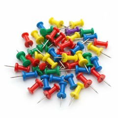 Assorted colorful push pins scattered on white background, perfect for office supply ads, school projects, bulletin boards, and organizational planning visuals