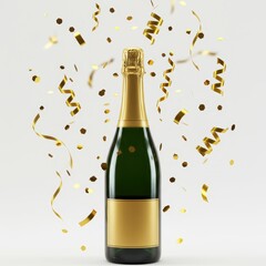 Elegant champagne bottle with golden confetti on white background, ideal for celebration visuals, New Year events, party promotions, festive and luxury lifestyle content