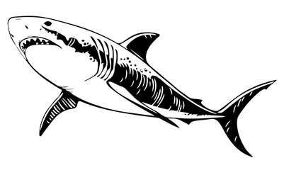  black and white shark with its mouth open and sharp teeth visible on a white background.