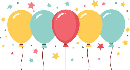 Background with balloons. Background of balloons, confetti and stars for birthday, anniversary and party. A group of flat balloons for celebration. Happy decoration. balloon, anniversary, birthday, 