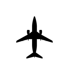 Top-down silhouette of an airplane with wings, engines, and tail, isolated on a white background.