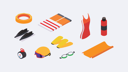 Isometric view of swimming gear and accessories including goggles and swimsuit on white background