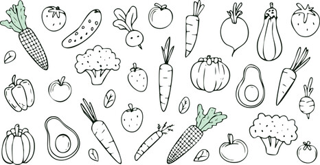 Vegetables doodle drawing collection such as carrots, corn, lettuce, broccoli, tomato, pepper, potato, etc. hand-drawn vector illustrations of doodles in black,doodle, product, vegetable, corn, 