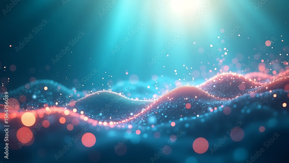 Poster abstract shimmering waves of light and bokeh particles in cool teal and warm pink tones creating a m