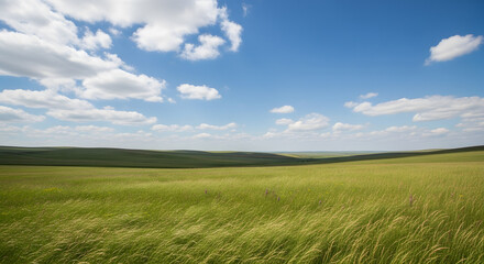 Green rolling hills and tall grass under blue sky with clouds