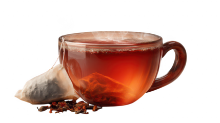 Glass cup with tea bag on black ground on transparent background