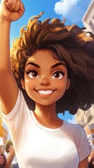 A joyful young woman raises their fist in celebration during a vibrant event in an urban area filled with energy