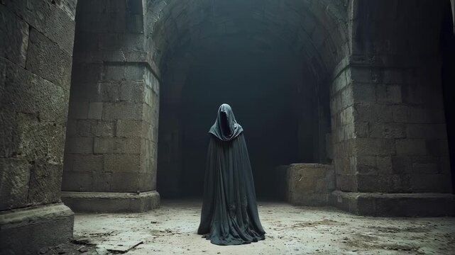 In a dark and musty crypt an otherworldly figure dd in a tattered and ancient shroud stares menacingly into the void