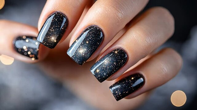 Elegant black galaxy nail art with sparkling glitter on manicured hand
