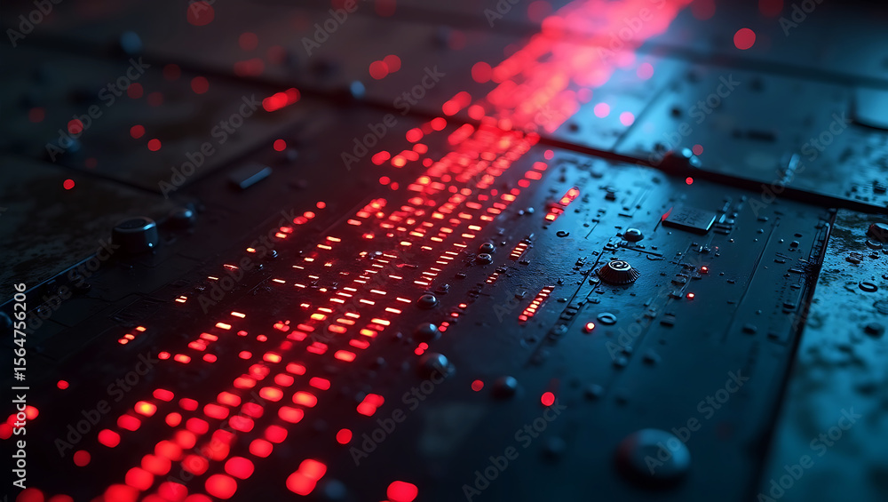 Poster close up of a dark circuit board with glowing red lights and blue ambient lighting creating a futuri
