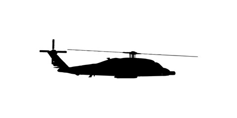 Silhouette of a helicopter with rotating blades against a white background. © Bushcraft