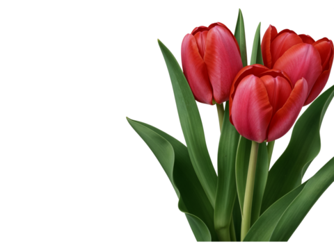 Three vibrant red tulips with green leaves isolated on transparent background