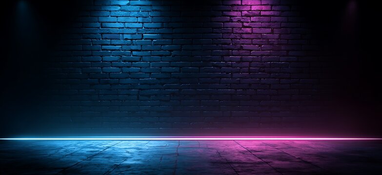 Dark brick wall illuminated by vibrant blue and pink neon lights on a textured floor