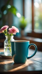 Morning coffee cup with pink flowers aesthetic home decor relaxing cozy vibes photo