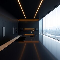 Black Luxury Supermodern Kitchen in Contemporary Minimalist Interior