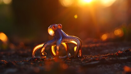 Octopus toy figurine in warm sunlight, marine life photography, ocean creature art