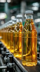 Bottles of golden liquid on a production line at a manufacturing facility during daylight hours
