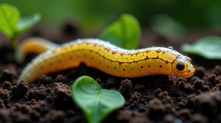 Obraz premium A vibrant yellow and brown invertebrate with intricate markings, glistening with water droplets, navigates rich dark soil amidst sprouting green leaves.