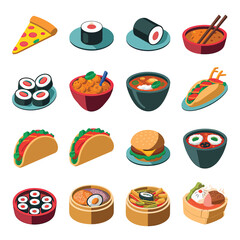 vector icons cooking food chef hat include a pizza slice, a sushi roll, spaghetti and meatballs, a curry bowl burger , fish 
