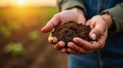 Close-up of Farmer's Hands Holding Soil at Sunset
