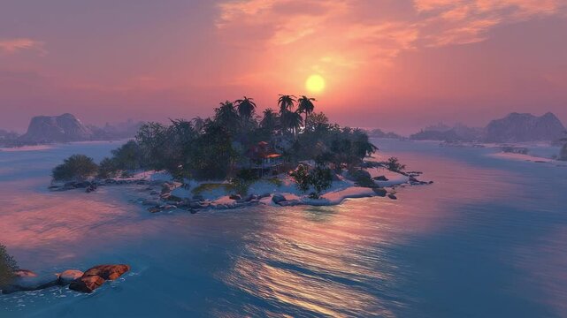 This island is a paradise bathed in the glowing light of the eternal sunset a peaceful haven for those seeking refuge from the outside world.