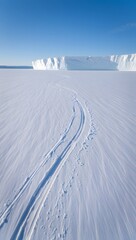 Obraz premium Antarctica iceberg landscape with ski tracks on snow and clear blue sky background view