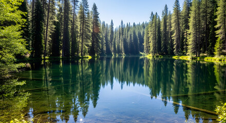 Obraz premium Clear Forest Lake with Reflection of Trees and Blue Sky